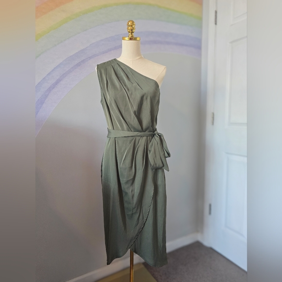PRETTYGARDEN Dresses & Skirts - PRETTYGARDEN | Lg | Army Green | Ruched Sleeveless One Shoulder Wrap Satin Dress